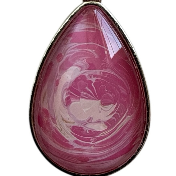 Handmade Pink and White Fluid Art Teardrop Pendant Necklace One of a Kind - Picture 5 of 9